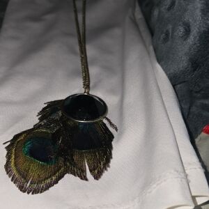 Peacock Feather Pendant Necklace with Copper Tone Chain